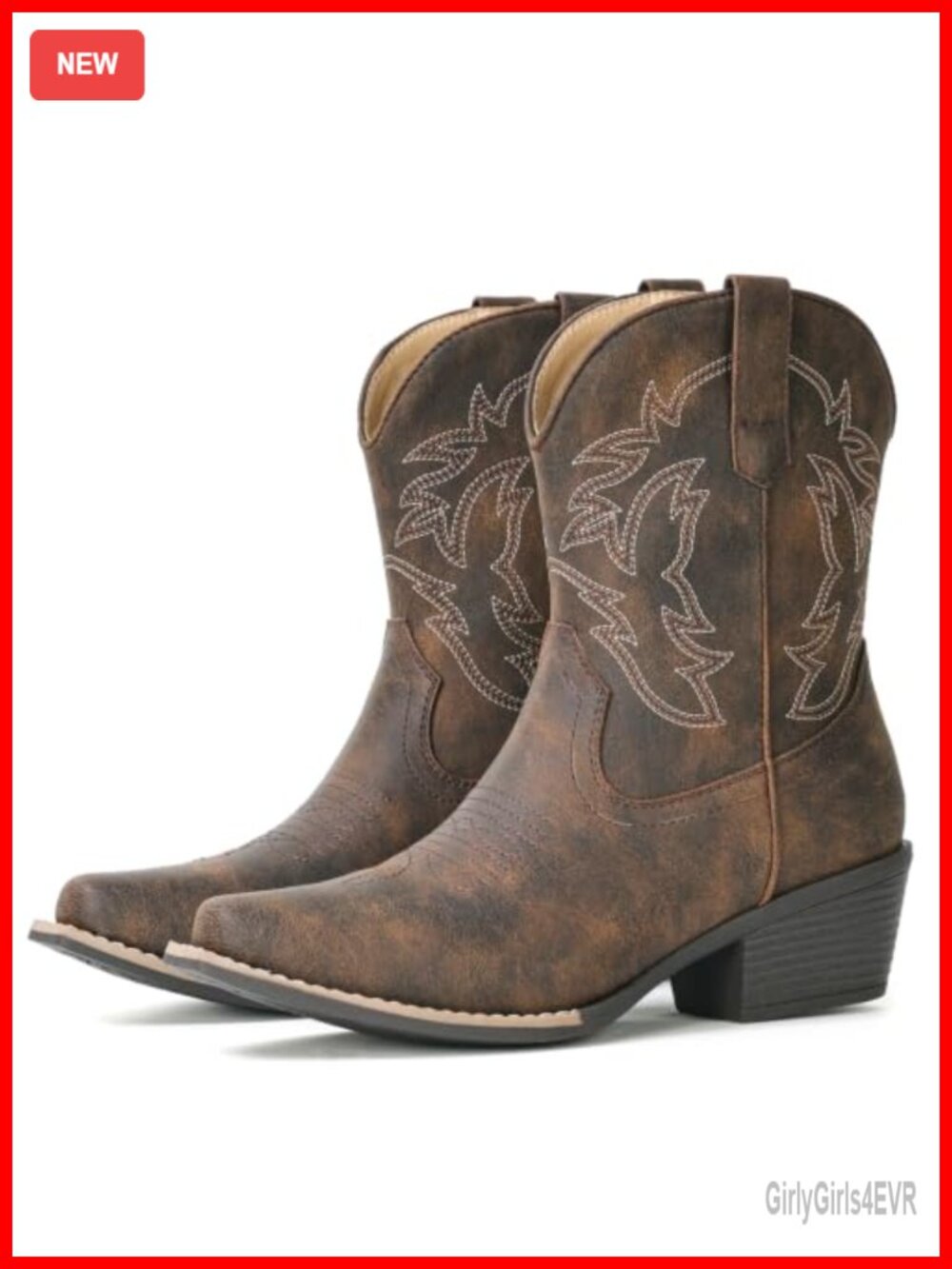 Faux Leather Snip Toe Block Heel Cowgirl Ankle Boots Women Western Pull-On